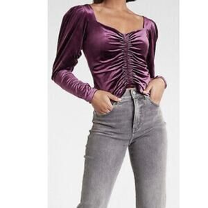 NWT Express Dark Purple Velvet Long Sleeve Blouse Top Ruched Front Women XSmall